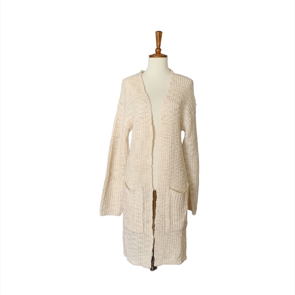 Poof! Slub Long Open Front Criss Cross Sweater Size Medium Cream‎